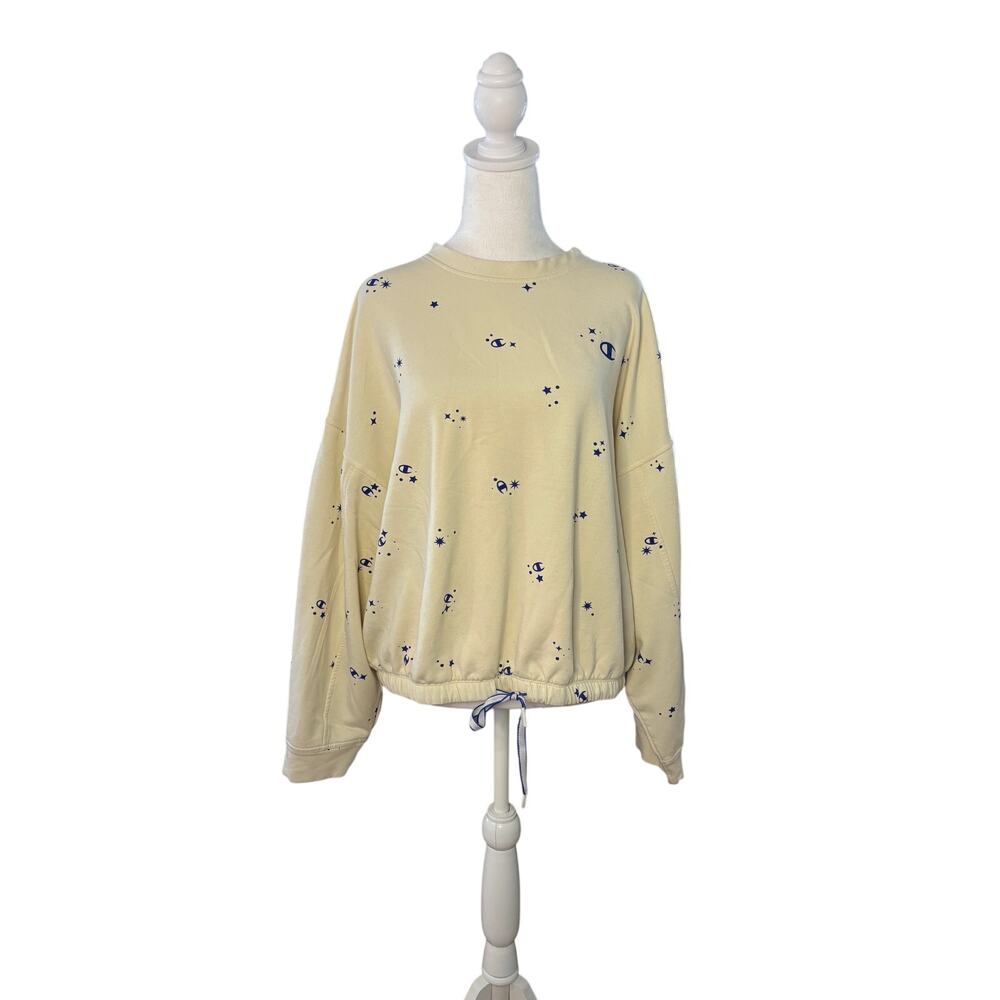 Champion Star Print Crewneck Cropped Sweatshirt XL Cream Drawstring Hem